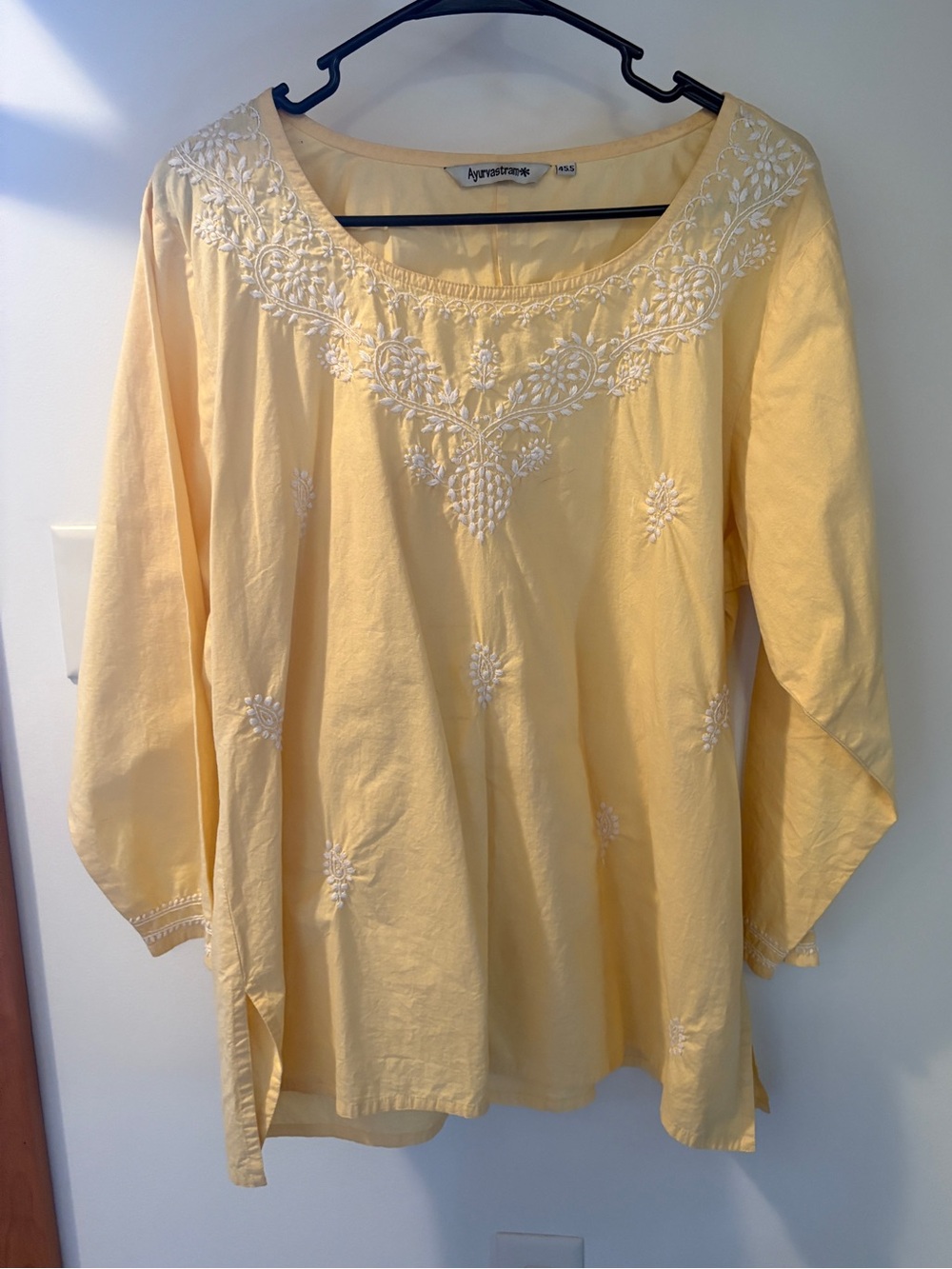 Ayurvastram Butter Yellow Embroidered Cotton Tunic Top